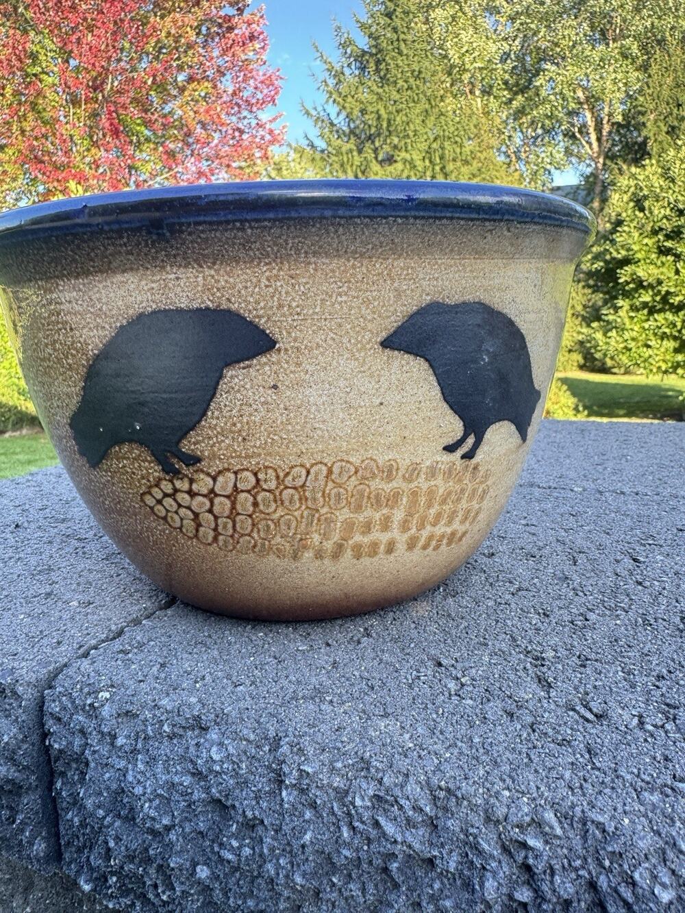 VTG Monroe Salt Works Salt Glaze Mixing Bowl 10-1/2” Crows on Corncob Pattern